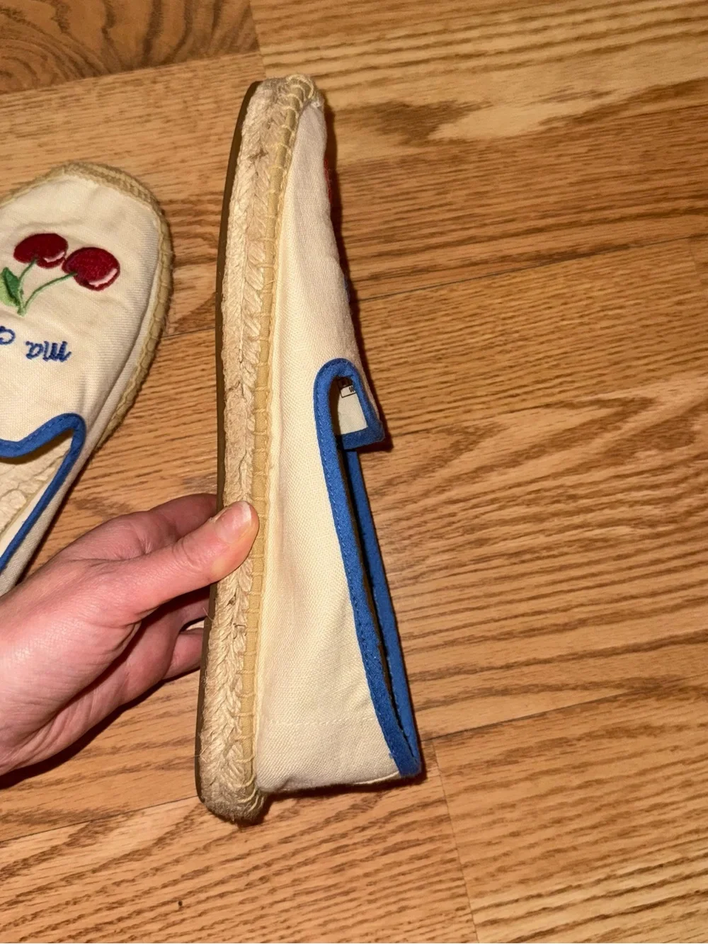 Soludos Ma Chérie Cherry Embroidered Espadrilles in White with Blue Trim